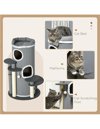 PawHut Barrel Shaped Cat Tree with Sisal Scratching Posts, Cat Bed, Platforms, Hanging Ball, Grey, Grey