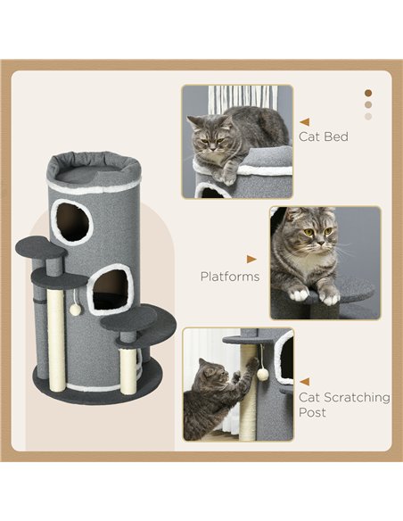 PawHut Barrel Shaped Cat Tree with Sisal Scratching Posts, Cat Bed, Platforms, Hanging Ball, Grey, Grey - pic 147219 | FastDaddyshop