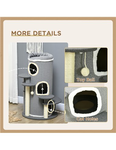 PawHut Barrel Shaped Cat Tree with Sisal Scratching Posts, Cat Bed, Platforms, Hanging Ball, Grey, Grey