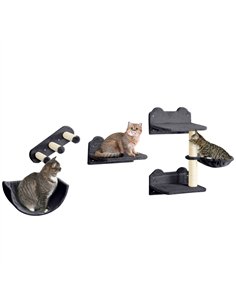 PawHut 4PCs Wall-Mounted Cat Shelves w/ Scratching Post, Hammock, Nest - Dark Grey