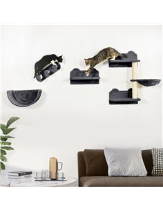 PawHut 4PCs Wall-Mounted Cat Shelves w/ Scratching Post, Hammock, Nest - Dark Grey 2