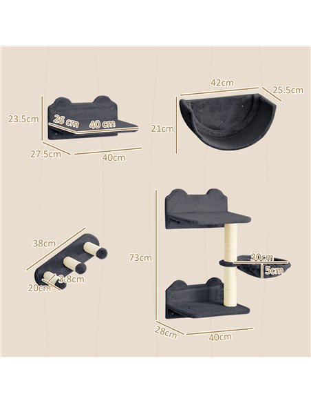 PawHut 4PCs Wall-Mounted Cat Shelves w/ Scratching Post, Hammock, Nest - Dark Grey - pic 147226 | FastDaddyshop