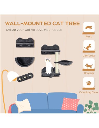 PawHut 4PCs Wall-Mounted Cat Shelves w/ Scratching Post, Hammock, Nest - Dark Grey