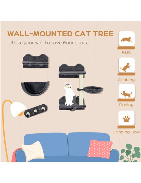 PawHut 4PCs Wall-Mounted Cat Shelves w/ Scratching Post, Hammock, Nest - Dark Grey - pic 147227 | FastDaddyshop