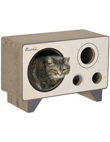 PawHut 2 in 1 Cat Scratcher, Radio Shape Cat House with Catnip, 57 x 24.5 x 39cm, Natural Wood Finish - pic 147233 | FastDaddyshop