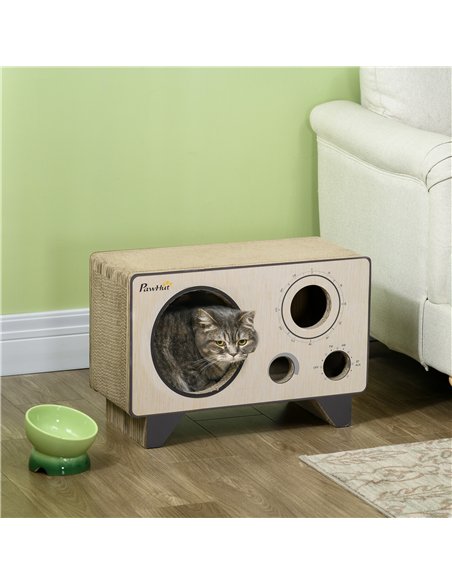 PawHut 2 in 1 Cat Scratcher, Radio Shape Cat House with Catnip, 57 x 24.5 x 39cm, Natural Wood Finish - pic 147234 | FastDaddyshop