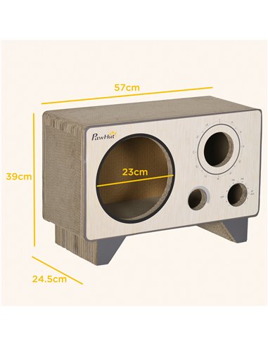 PawHut 2 in 1 Cat Scratcher, Radio Shape Cat House with Catnip, 57 x 24.5 x 39cm, Natural Wood Finish