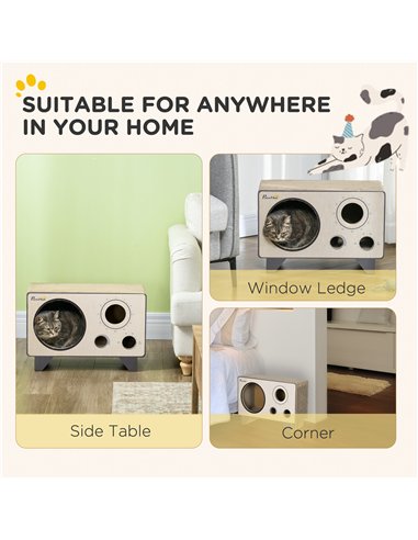 PawHut 2 in 1 Cat Scratcher, Radio Shape Cat House with Catnip, 57 x 24.5 x 39cm, Natural Wood Finish