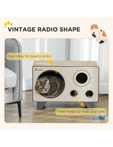 PawHut 2 in 1 Cat Scratcher, Radio Shape Cat House with Catnip, 57 x 24.5 x 39cm, Natural Wood Finish
