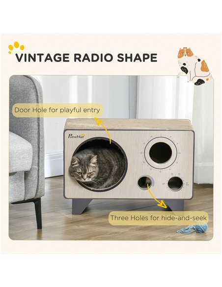 PawHut 2 in 1 Cat Scratcher, Radio Shape Cat House with Catnip, 57 x 24.5 x 39cm, Natural Wood Finish - pic 147237 | FastDaddyshop