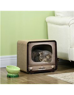 PawHut 2 in 1 TV Shape Cat Scratching Board House with Catnip, for Indoor Cats, Brown 2