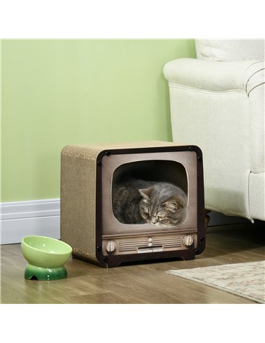 PawHut 2 in 1 TV Shape Cat Scratching Board House with Catnip, for Indoor Cats, Brown