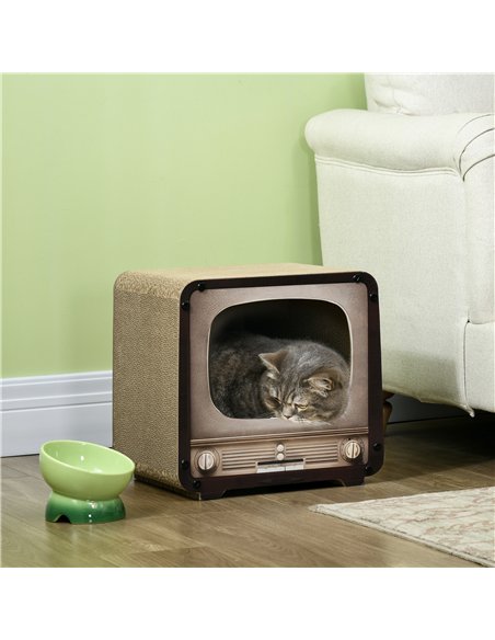 PawHut 2 in 1 TV Shape Cat Scratching Board House with Catnip, for Indoor Cats, Brown - pic 147243 | FastDaddyshop
