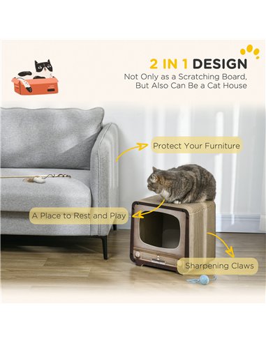 PawHut 2 in 1 TV Shape Cat Scratching Board House with Catnip, for Indoor Cats, Brown