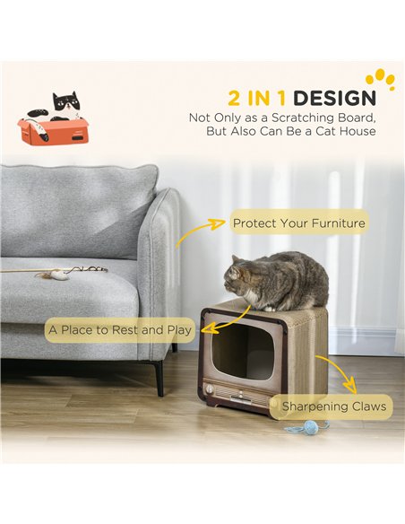 PawHut 2 in 1 TV Shape Cat Scratching Board House with Catnip, for Indoor Cats, Brown - pic 147247 | FastDaddyshop