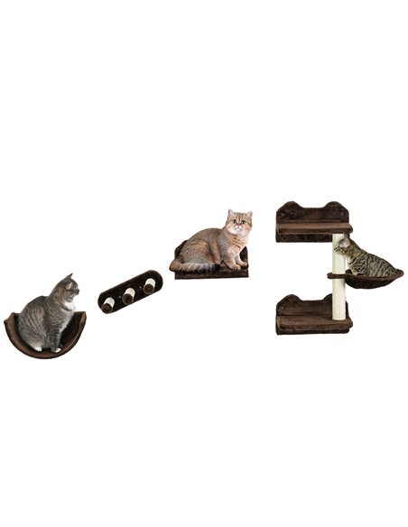PawHut 4PCs Wall-Mounted Cat Shelves w/ Scratching Post, Hammock, Nest - Brown - pic 147251 | FastDaddyshop