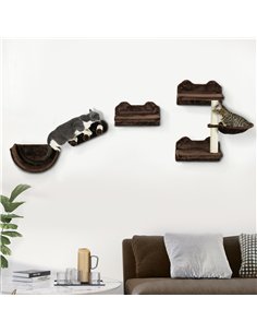 PawHut 4PCs Wall-Mounted Cat Shelves w/ Scratching Post, Hammock, Nest - Brown 2