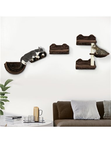PawHut 4PCs Wall-Mounted Cat Shelves w/ Scratching Post, Hammock, Nest - Brown