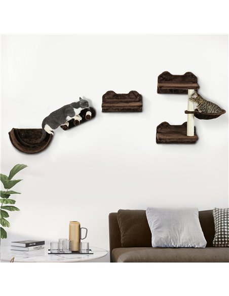 PawHut 4PCs Wall-Mounted Cat Shelves w/ Scratching Post, Hammock, Nest - Brown - pic 147252 | FastDaddyshop