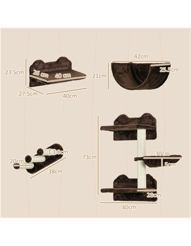PawHut 4PCs Wall-Mounted Cat Shelves w/ Scratching Post, Hammock, Nest - Brown
