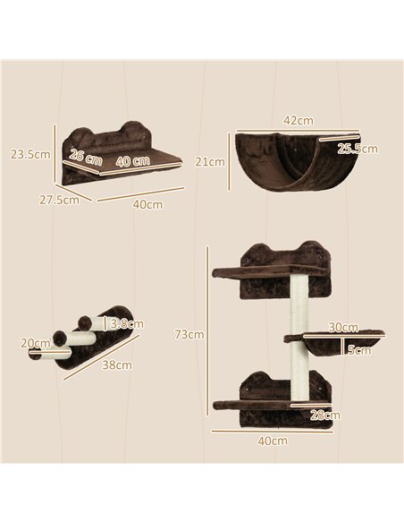 PawHut 4PCs Wall-Mounted Cat Shelves w/ Scratching Post, Hammock, Nest - Brown - pic 147253 | FastDaddyshop