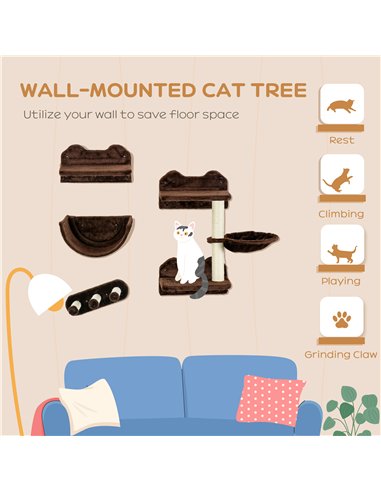 PawHut 4PCs Wall-Mounted Cat Shelves w/ Scratching Post, Hammock, Nest - Brown
