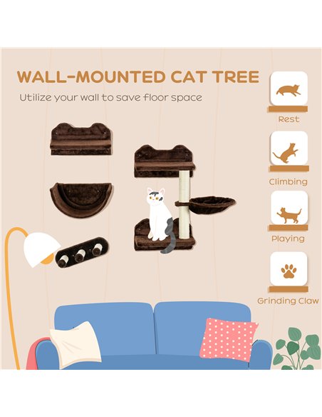 PawHut 4PCs Wall-Mounted Cat Shelves w/ Scratching Post, Hammock, Nest - Brown - pic 147254 | FastDaddyshop