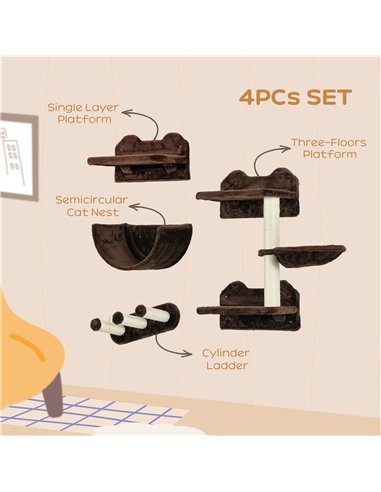 PawHut 4PCs Wall-Mounted Cat Shelves w/ Scratching Post, Hammock, Nest - Brown