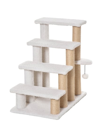 PawHut Pet Stair with 4-step Climb Ladder, Scratching Posts, Platforms, Toy Ball, for Indoor Elderly Cats Kittens, White - pic 147260 | FastDaddyshop
