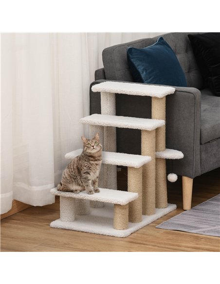 PawHut Pet Stair with 4-step Climb Ladder, Scratching Posts, Platforms, Toy Ball, for Indoor Elderly Cats Kittens, White - pic 147261 | FastDaddyshop