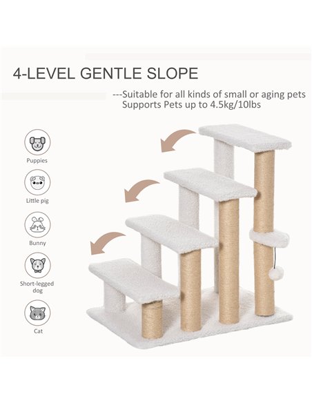 PawHut Pet Stair with 4-step Climb Ladder, Scratching Posts, Platforms, Toy Ball, for Indoor Elderly Cats Kittens, White - pic 147263 | FastDaddyshop