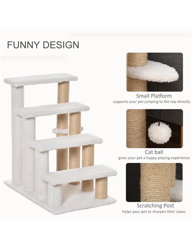 PawHut Pet Stair with 4-step Climb Ladder, Scratching Posts, Platforms, Toy Ball, for Indoor Elderly Cats Kittens, White