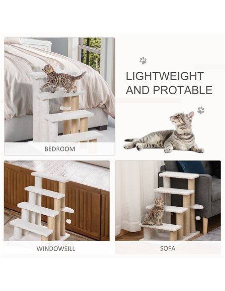 PawHut Pet Stair with 4-step Climb Ladder, Scratching Posts, Platforms, Toy Ball, for Indoor Elderly Cats Kittens, White - pic 147266 | FastDaddyshop