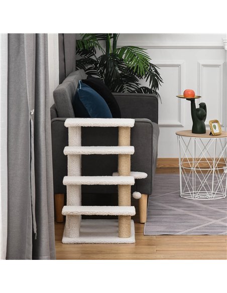 PawHut Pet Stair with 4-step Climb Ladder, Scratching Posts, Platforms, Toy Ball, for Indoor Elderly Cats Kittens, White - pic 147267 | FastDaddyshop