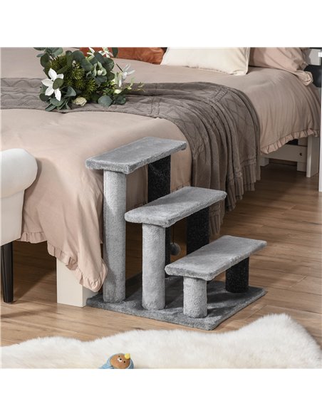 PawHut 3-step Pet Stairs with Scratching Posts, Platforms, Toy Ball, Grey - pic 147270 | FastDaddyshop