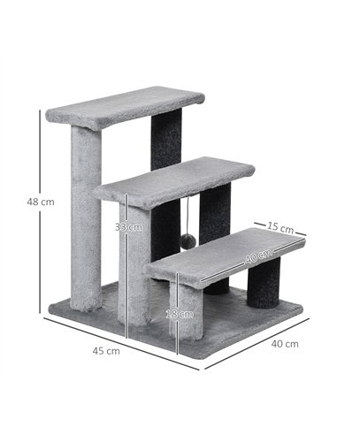 PawHut 3-step Pet Stairs with Scratching Posts, Platforms, Toy Ball, Grey