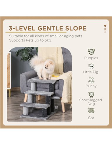PawHut 3-step Pet Stairs with Scratching Posts, Platforms, Toy Ball, Grey
