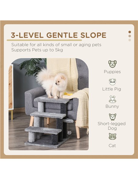 PawHut 3-step Pet Stairs with Scratching Posts, Platforms, Toy Ball, Grey - pic 147272 | FastDaddyshop