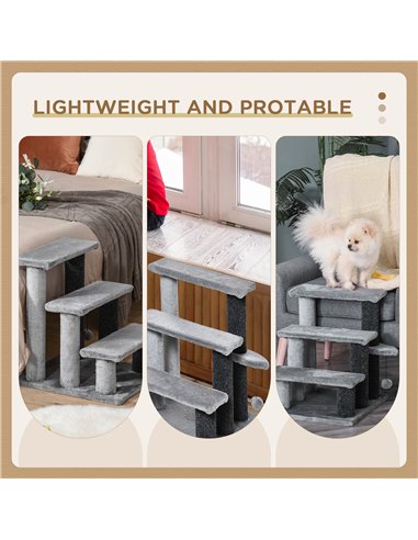 PawHut 3-step Pet Stairs with Scratching Posts, Platforms, Toy Ball, Grey