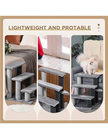 PawHut 3-step Pet Stairs with Scratching Posts, Platforms, Toy Ball, Grey - pic 147275 | FastDaddyshop