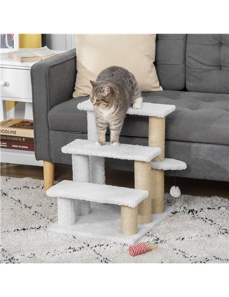 PawHut Pet Stair with 3-step Climb Ladder, Scratching Posts, Platforms, Toy Ball, for Indoor Elderly Cats Kittens, White - pic 147279 | FastDaddyshop