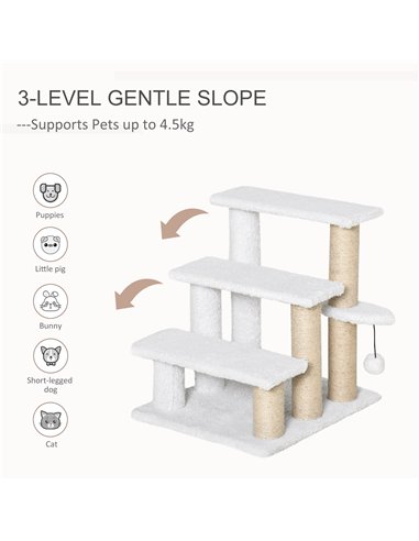 PawHut Pet Stair with 3-step Climb Ladder, Scratching Posts, Platforms, Toy Ball, for Indoor Elderly Cats Kittens, White
