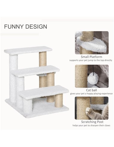 PawHut Pet Stair with 3-step Climb Ladder, Scratching Posts, Platforms, Toy Ball, for Indoor Elderly Cats Kittens, White