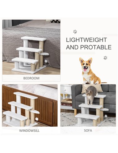 PawHut Pet Stair with 3-step Climb Ladder, Scratching Posts, Platforms, Toy Ball, for Indoor Elderly Cats Kittens, White