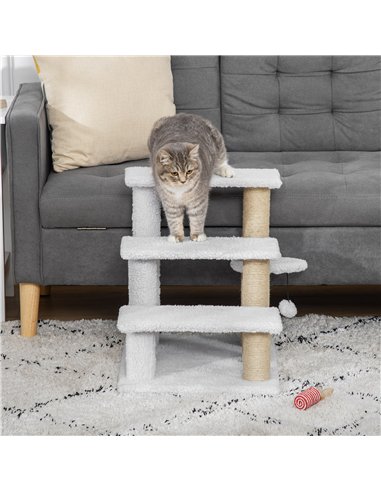 PawHut Pet Stair with 3-step Climb Ladder, Scratching Posts, Platforms, Toy Ball, for Indoor Elderly Cats Kittens, White