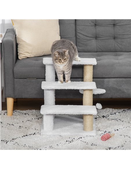 PawHut Pet Stair with 3-step Climb Ladder, Scratching Posts, Platforms, Toy Ball, for Indoor Elderly Cats Kittens, White - pic 147285 | FastDaddyshop