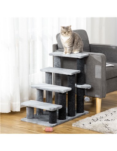 PawHut 4-step Pet Stairs with Scratching Posts, Platforms, Toy Ball, Grey