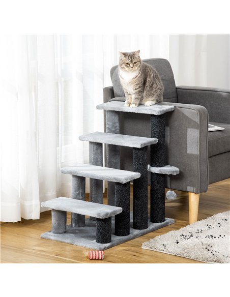 PawHut 4-step Pet Stairs with Scratching Posts, Platforms, Toy Ball, Grey - pic 147288 | FastDaddyshop