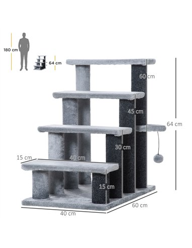 PawHut 4-step Pet Stairs with Scratching Posts, Platforms, Toy Ball, Grey