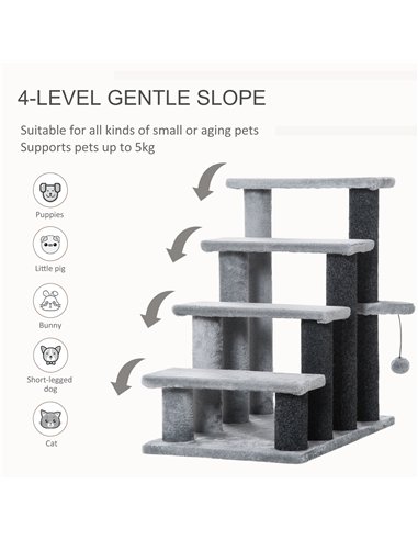 PawHut 4-step Pet Stairs with Scratching Posts, Platforms, Toy Ball, Grey